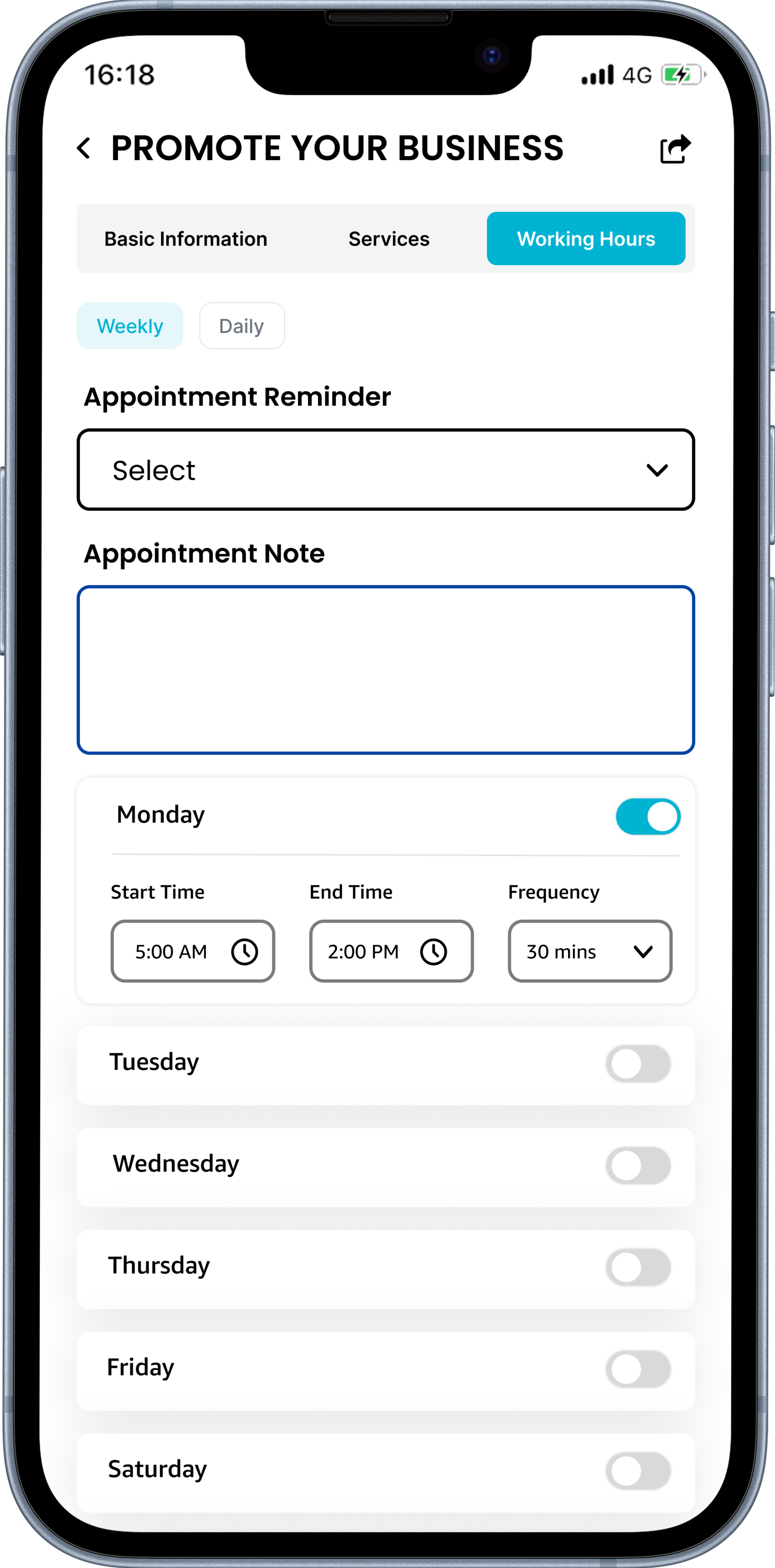 Booking and working hours screen