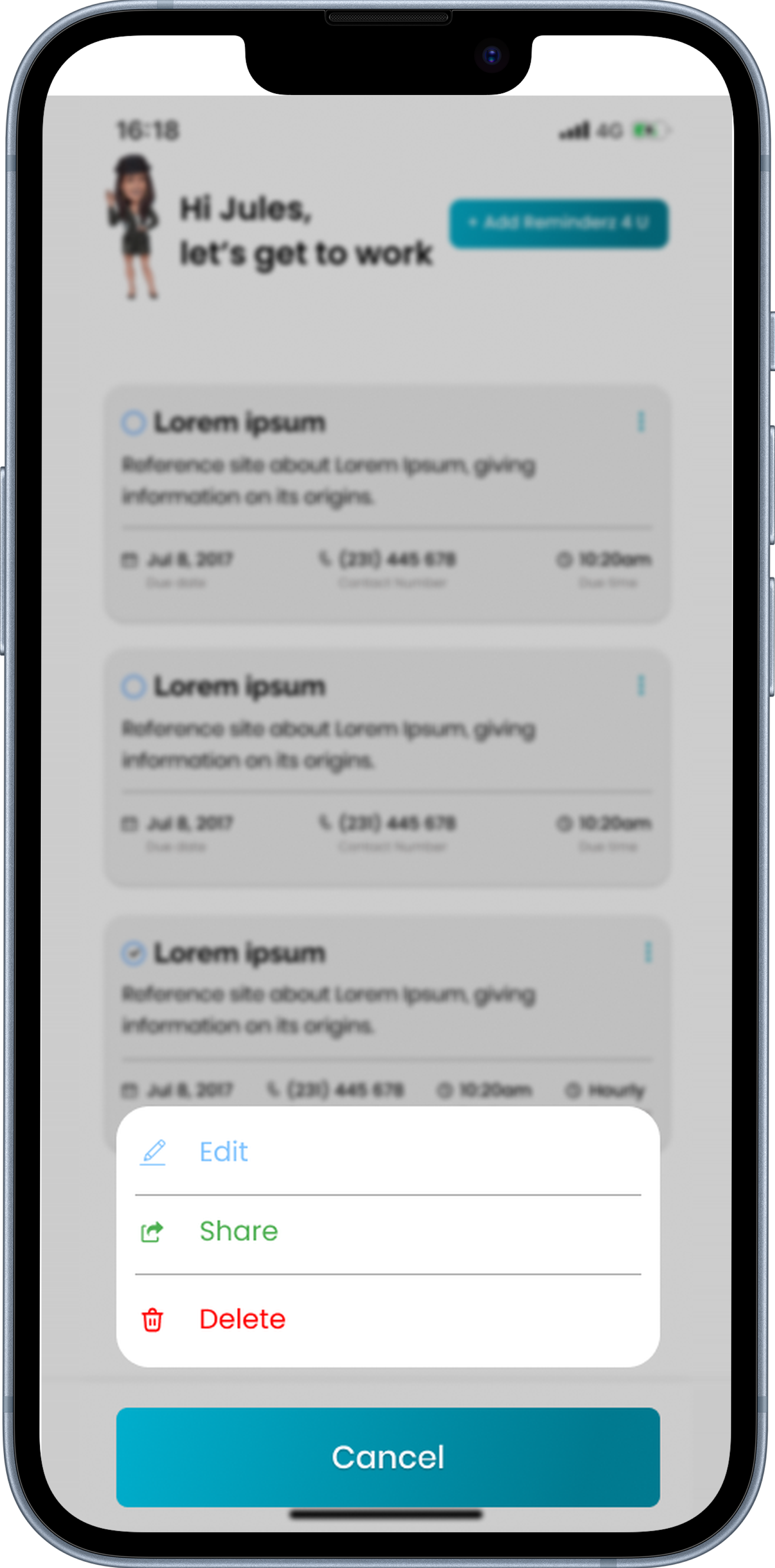 Edit, share and delete options on a reminder