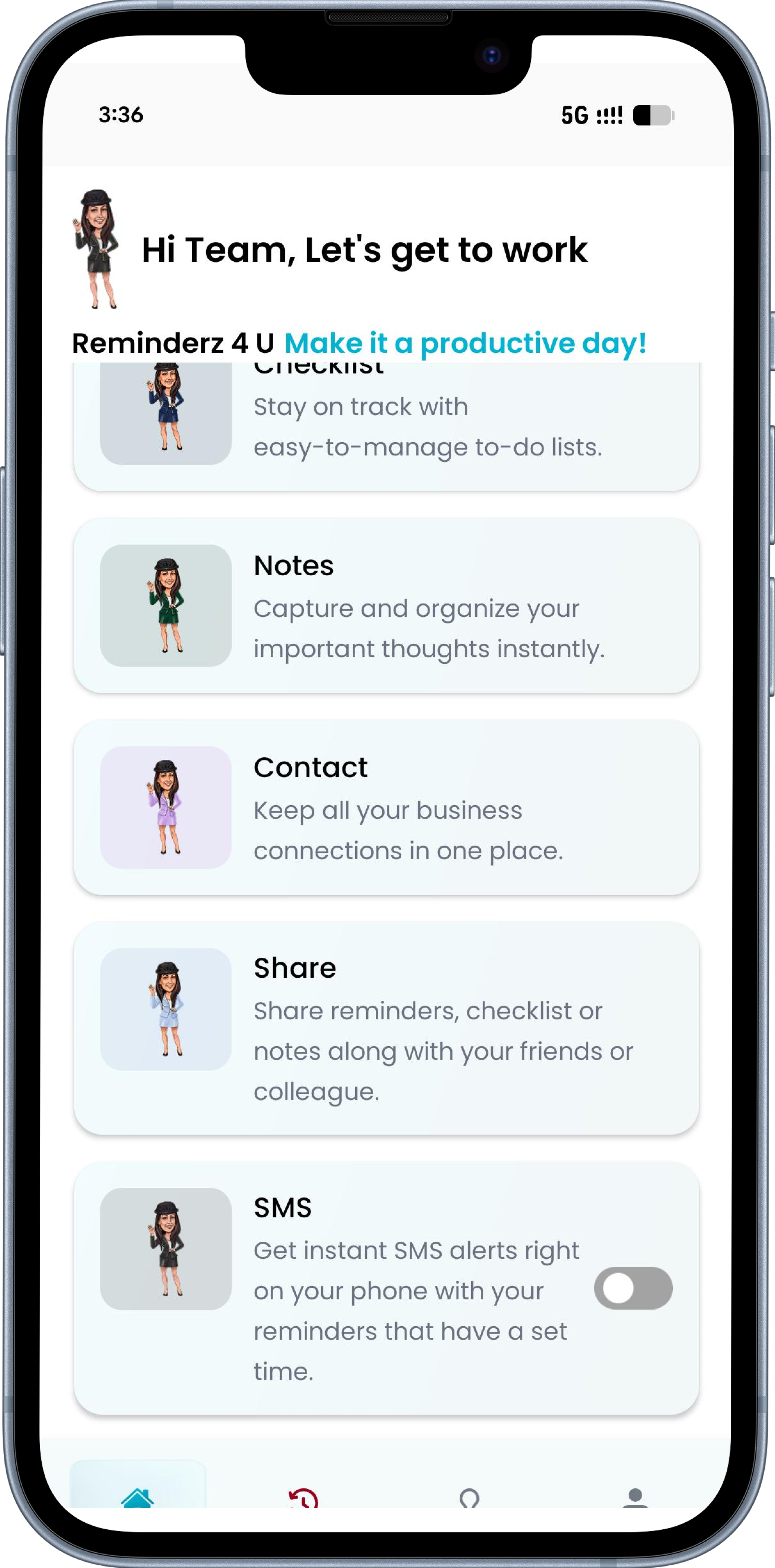 SMS alerts toggle on the app home screen